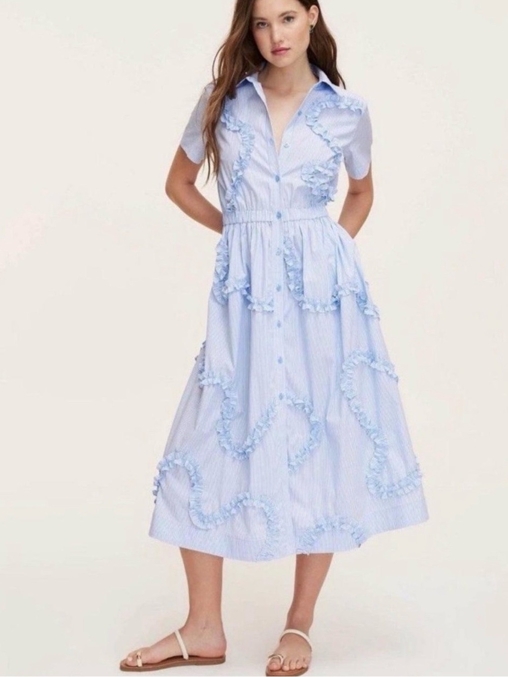 Light Blue Ruffle-Trim Button-Front Midi Dress